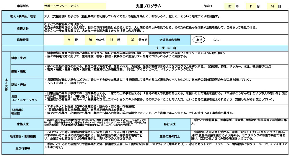 サポートセンターアジト 放課後デイサービス 支援プログラム